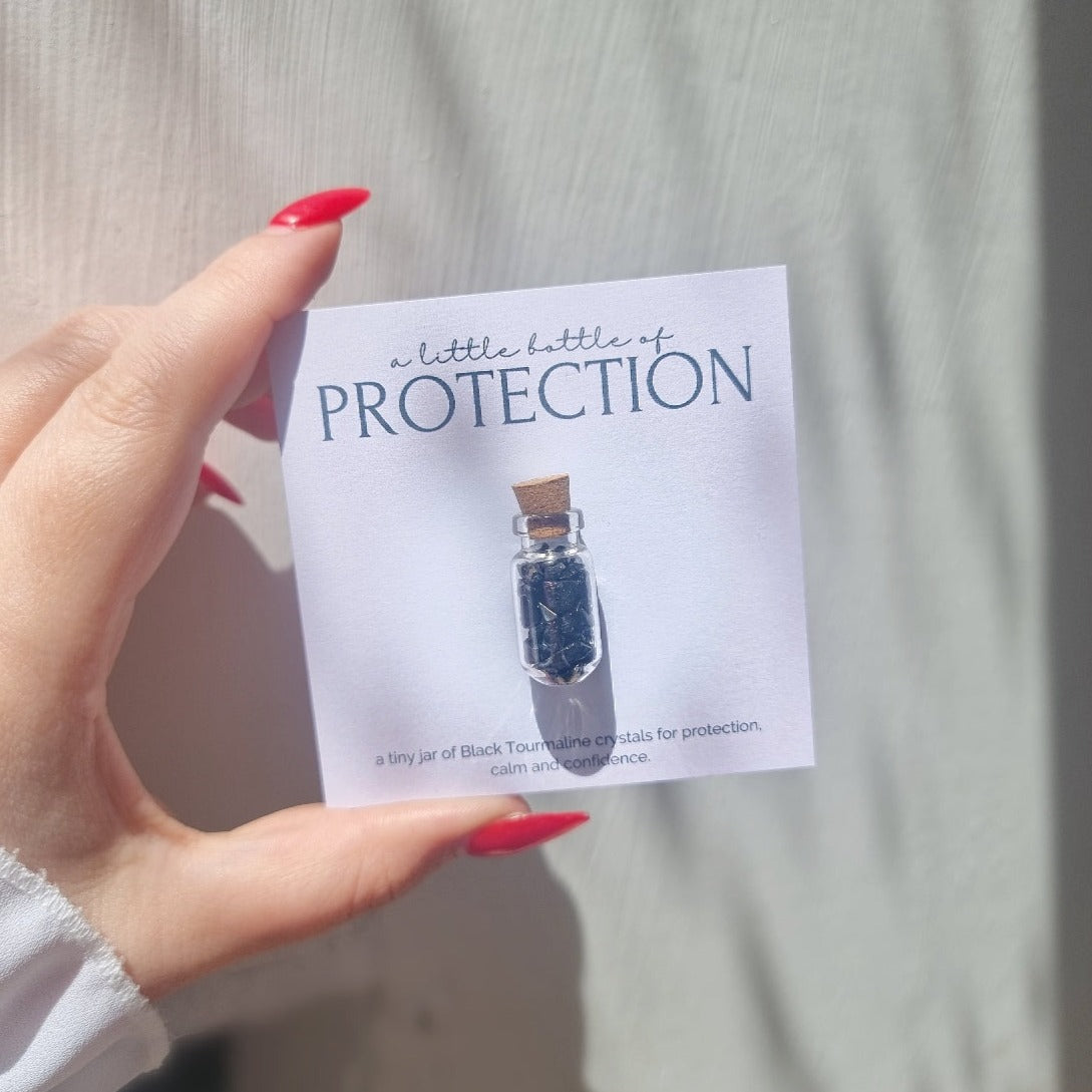 A little bottle of Protection- Black Tourmaline Crystal Wish Jar