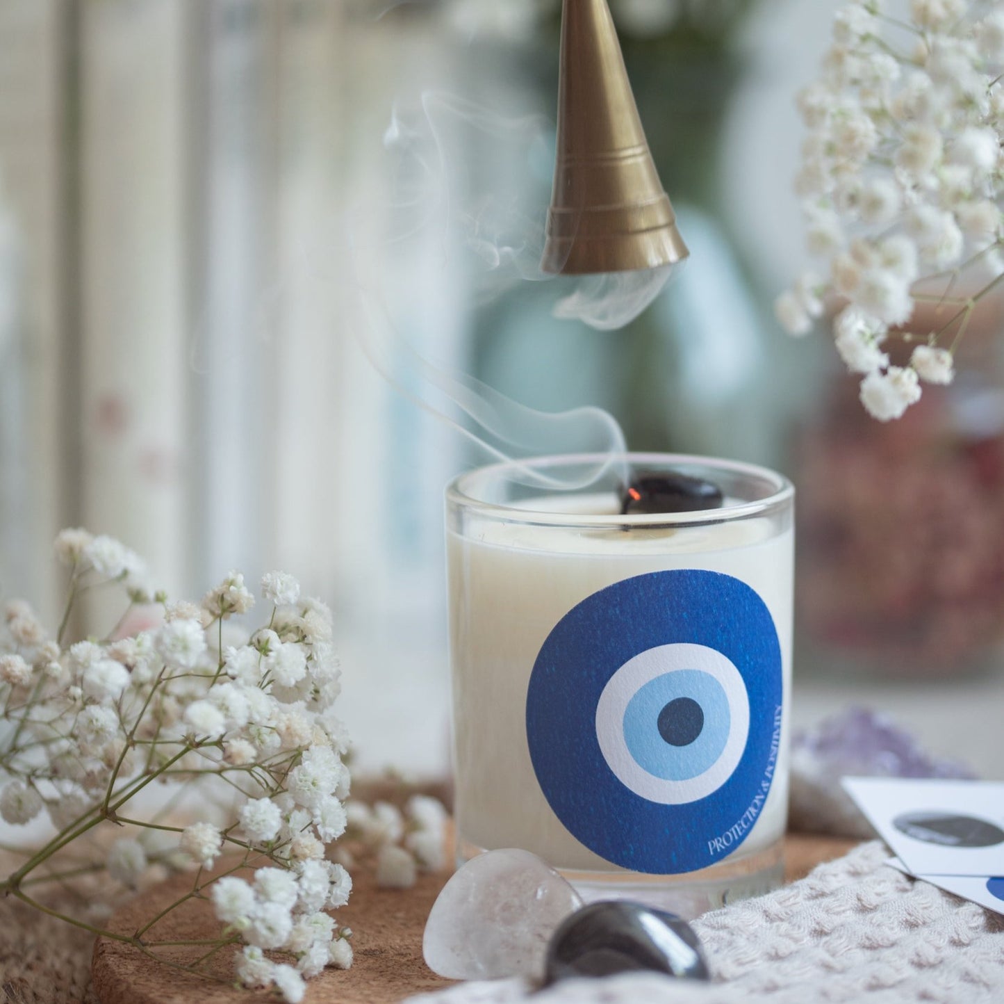 Evil Eye Black Tourmaline Crystal Intention Candle - Protection & Positivity