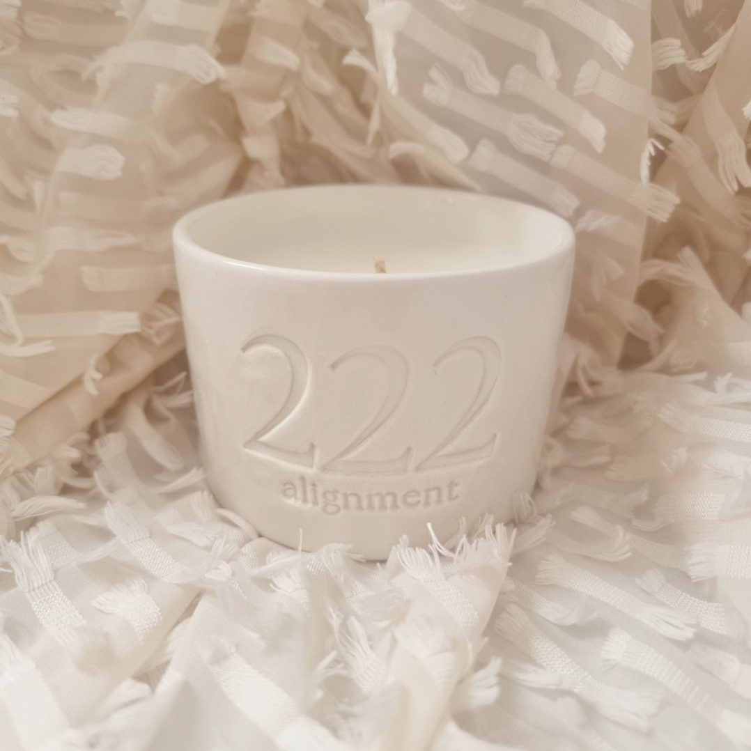 222 Alignment Angel Number Ceramic Candle with Hidden Rose Quartz Angel