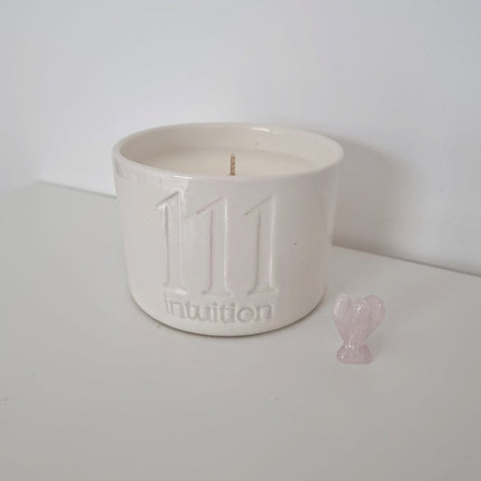 111 Intuition Angel Number Ceramic Candle with Hidden Rose Quartz Angel