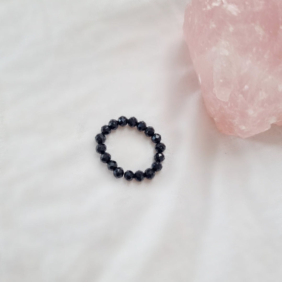 Black Tourmaline Crystal Healing Beaded Ring - Protection, Calm, Confidence