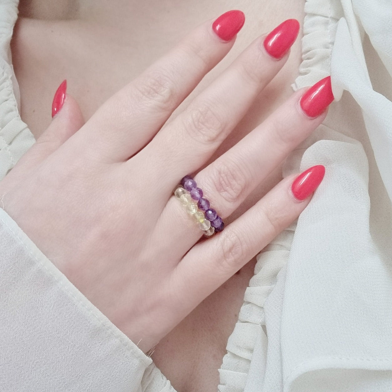 Amethyst Crystal Healing Beaded Ring - Calm, Clarity, Healing