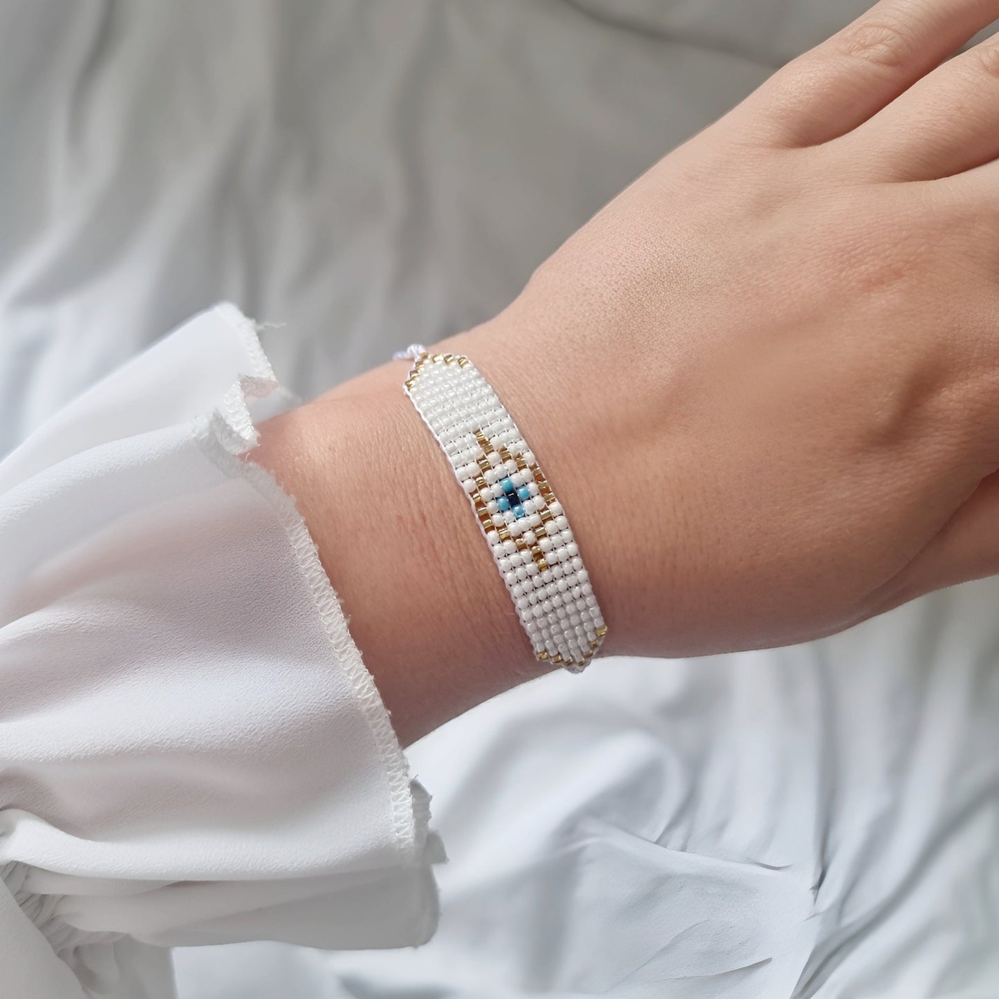 Evil Eye White Beaded Friendship Bracelet - Protection, Positivity