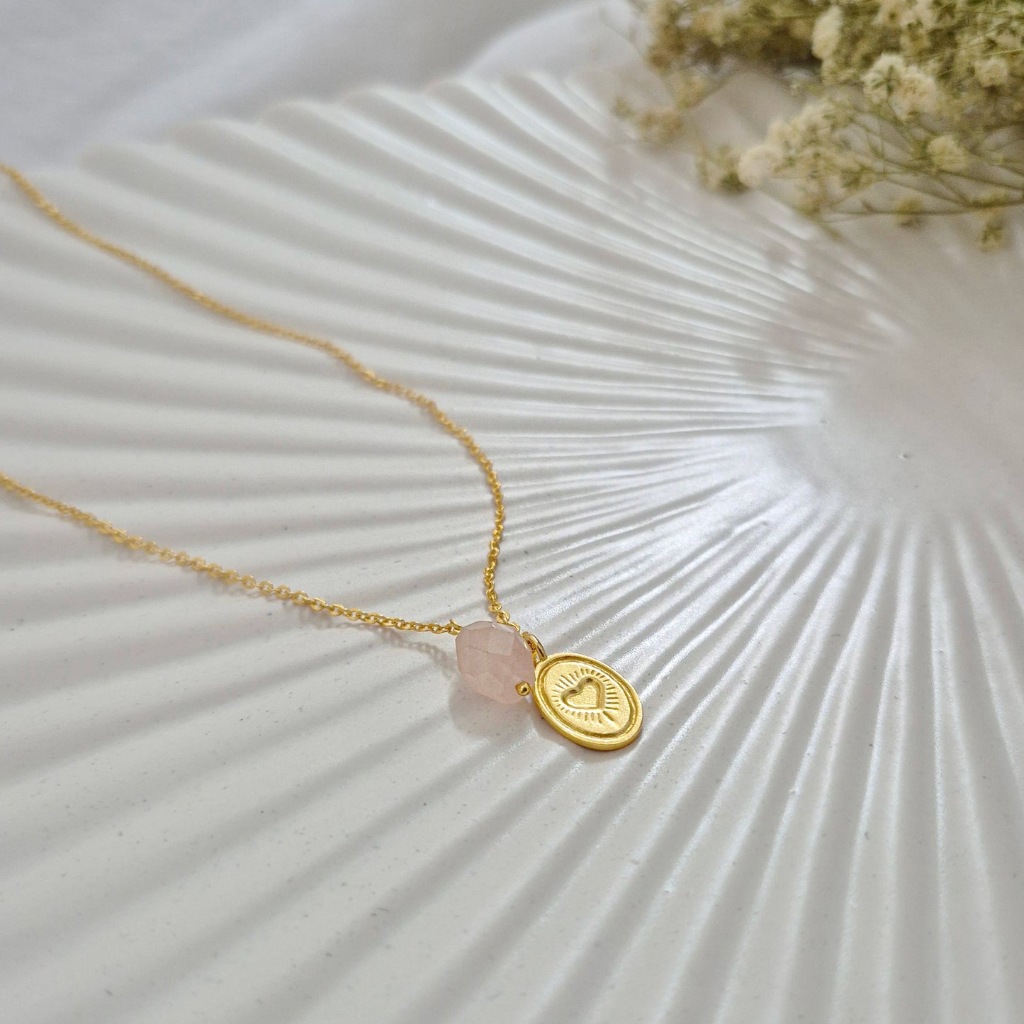 Rose Quartz Love Charm Necklace - 14k Gold Plated