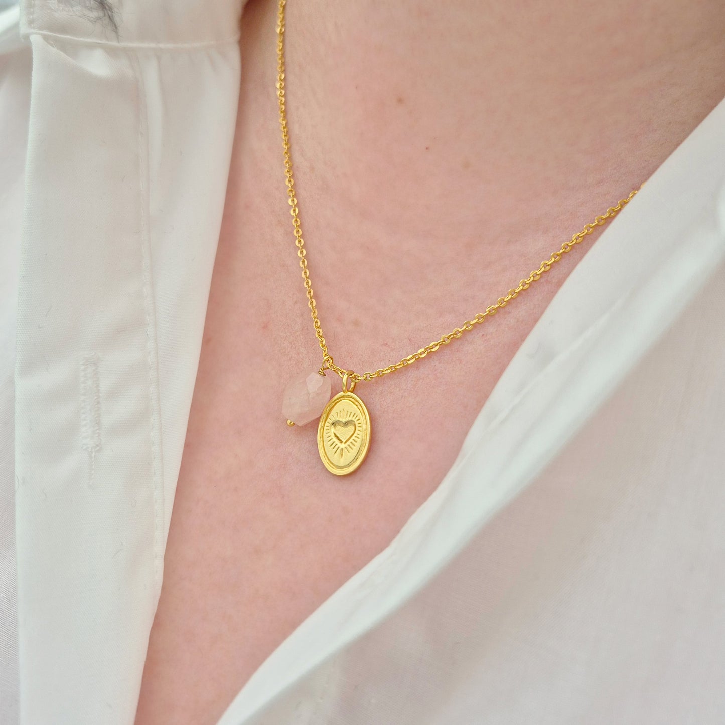 Rose Quartz Love Charm Necklace - 14k Gold Plated