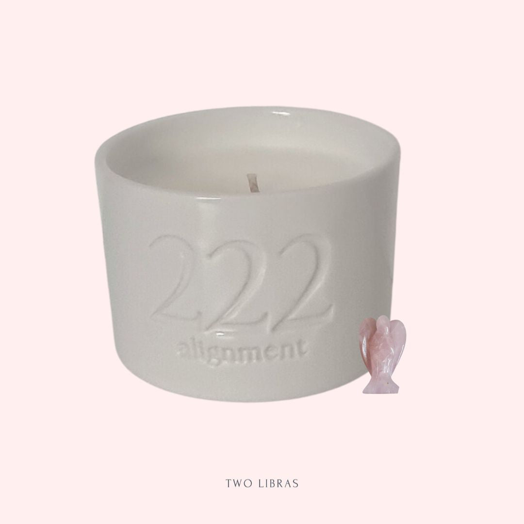 222 Alignment Angel Number Ceramic Candle with Hidden Rose Quartz Angel