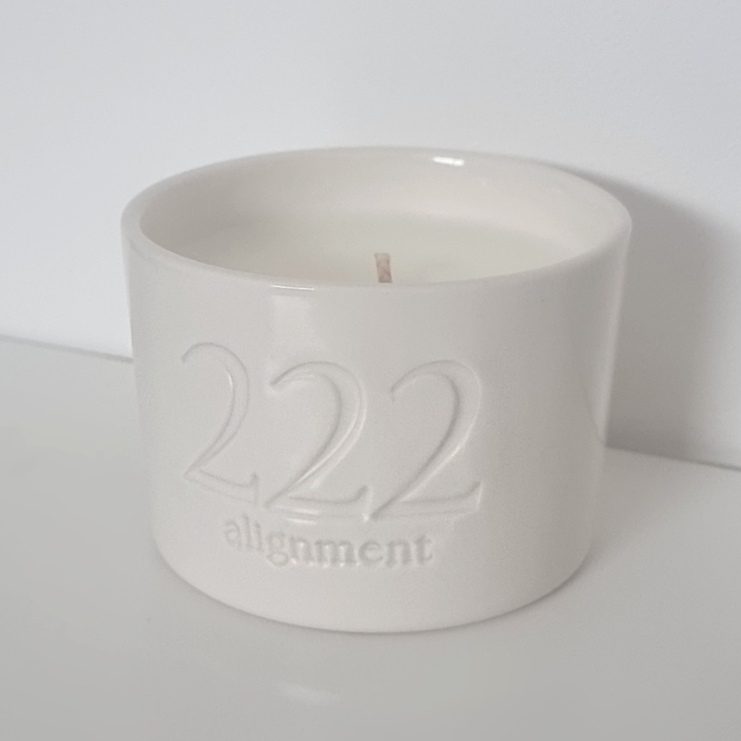 222 Alignment Angel Number Ceramic Candle with Hidden Rose Quartz Angel