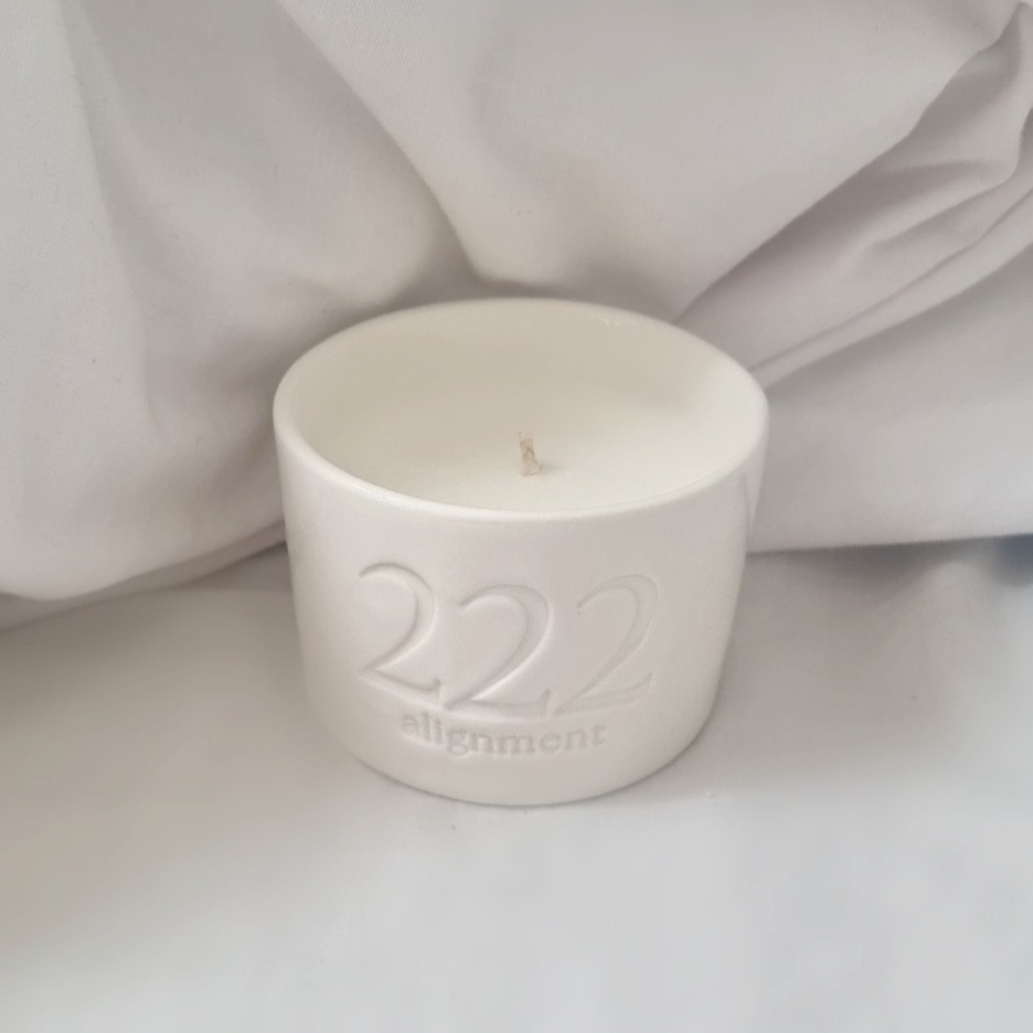 222 Alignment Angel Number Ceramic Candle with Hidden Rose Quartz Angel