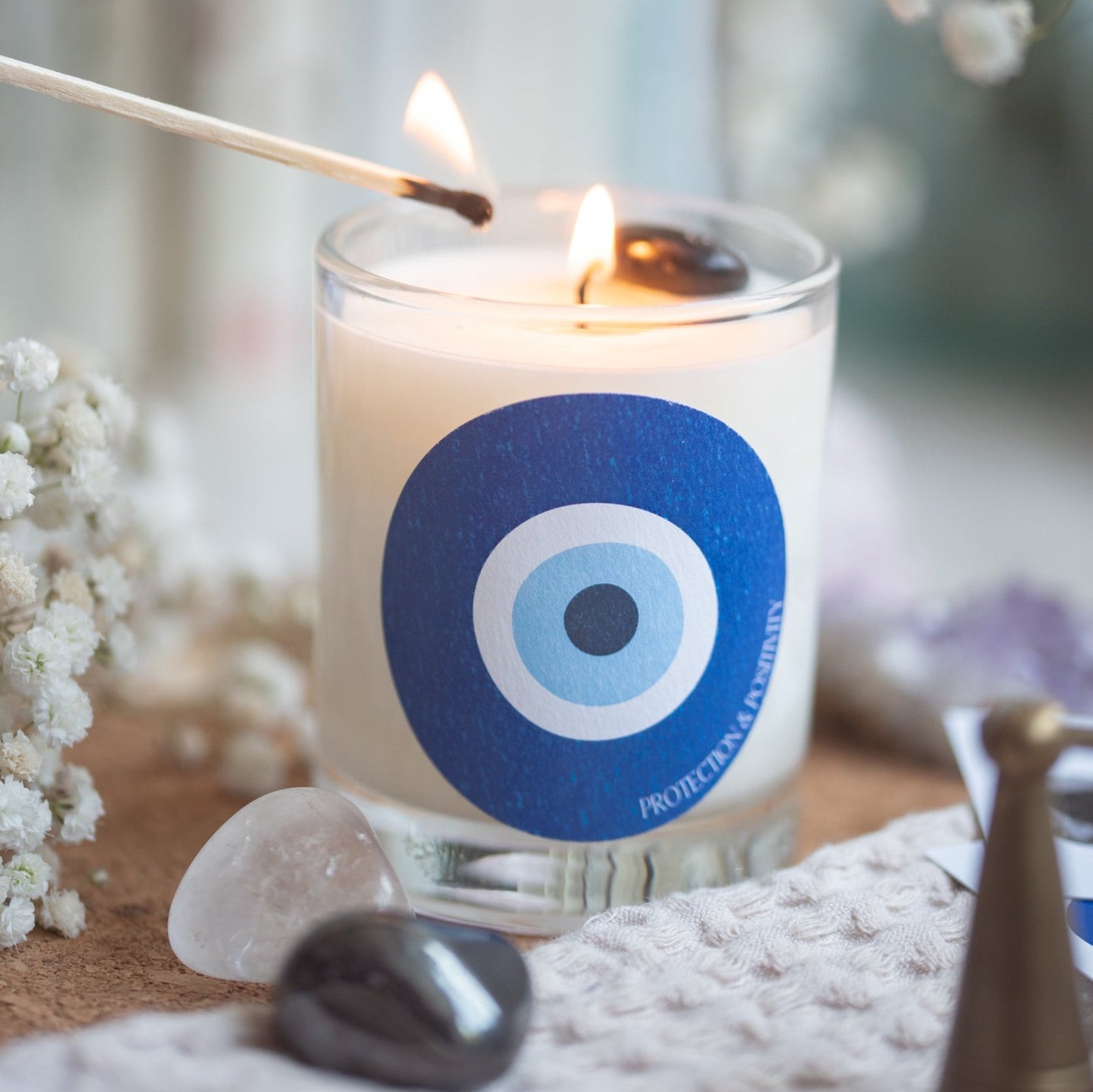 Evil Eye Black Tourmaline Crystal Intention Candle - Protection & Positivity