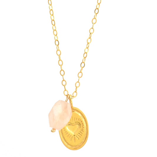 Rose Quartz Love Charm Necklace - 14k Gold Plated