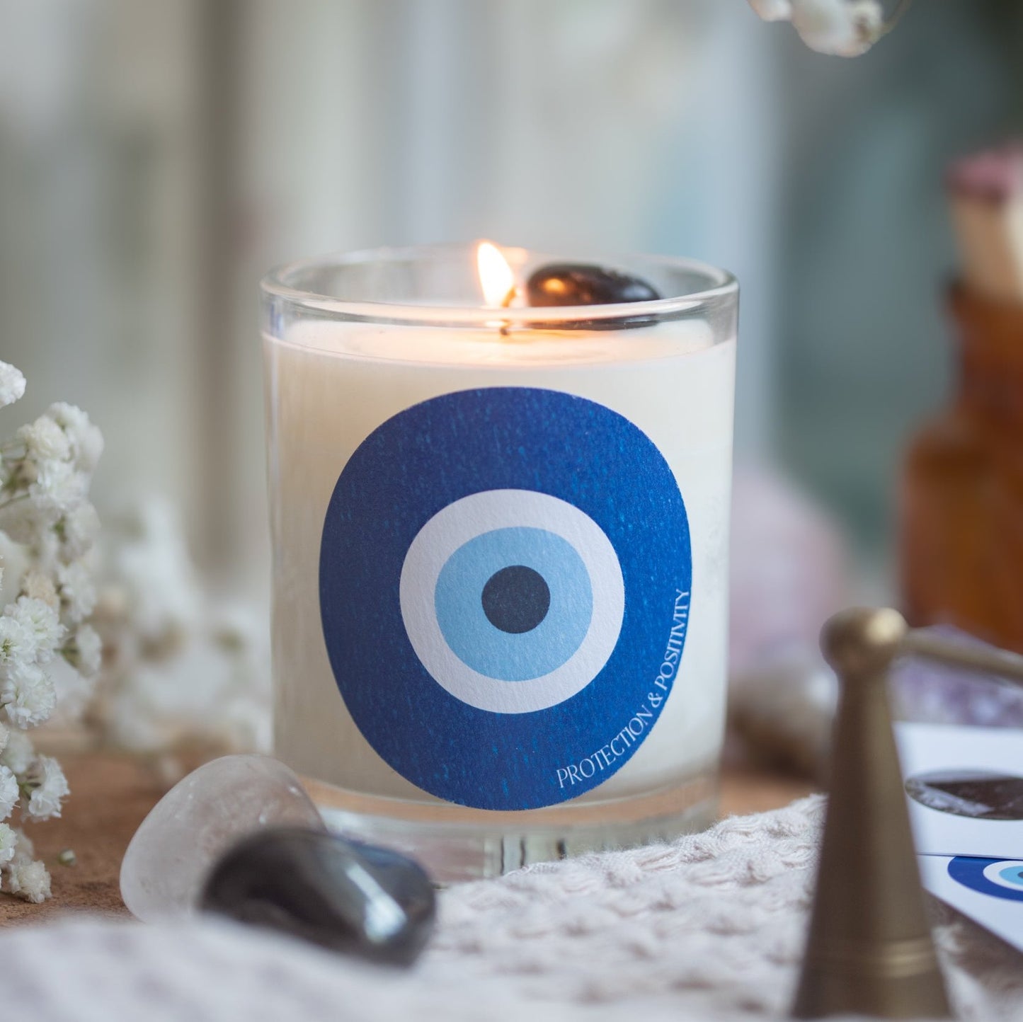 Evil Eye Black Tourmaline Crystal Intention Candle - Protection & Positivity