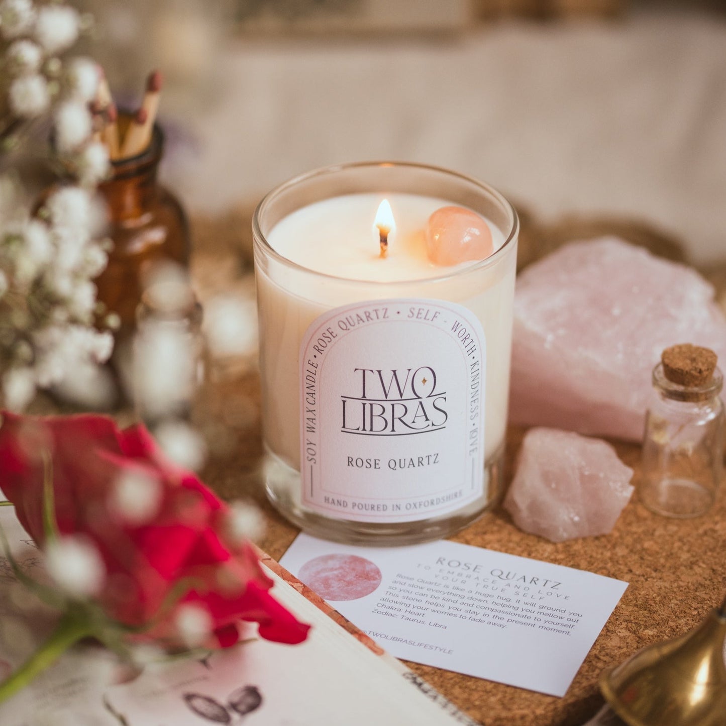 Rose Quartz Crystal Intention Candle - Self Worth, Kindness, Love