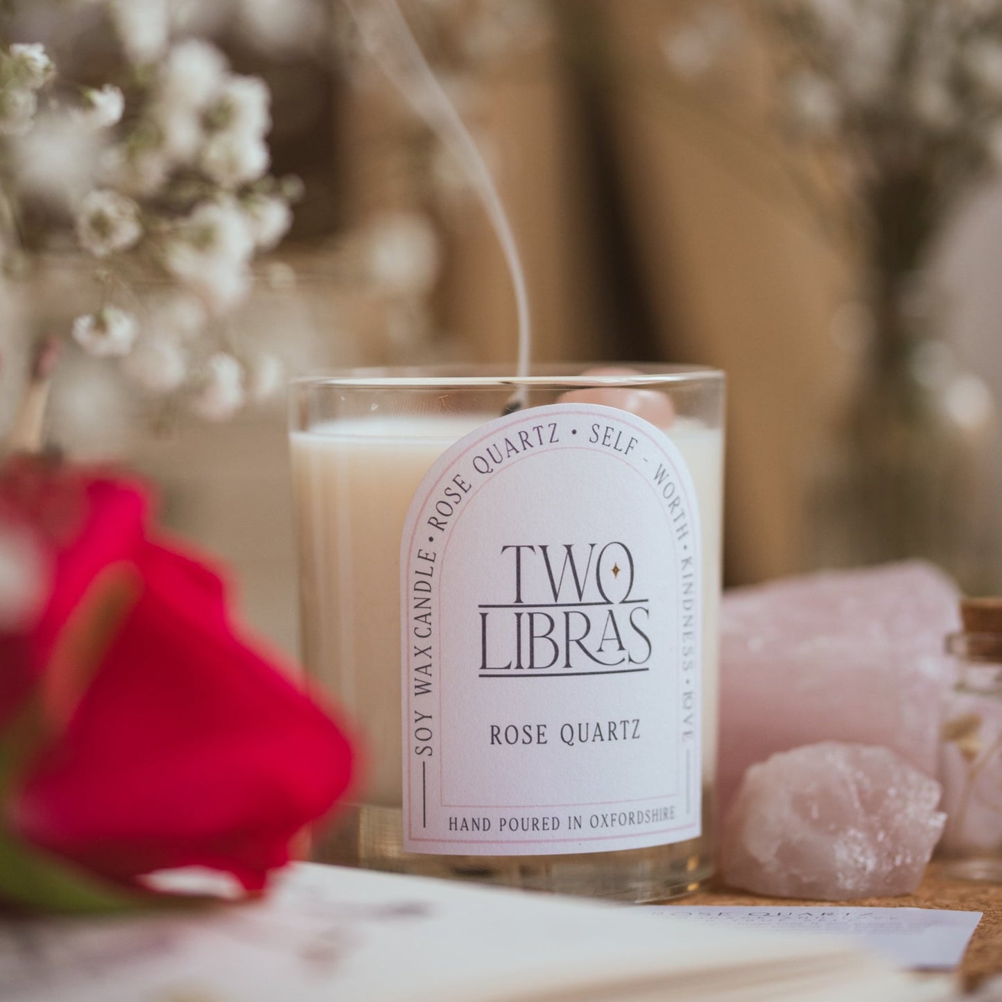 Rose Quartz Crystal Intention Candle - Self Worth, Kindness, Love