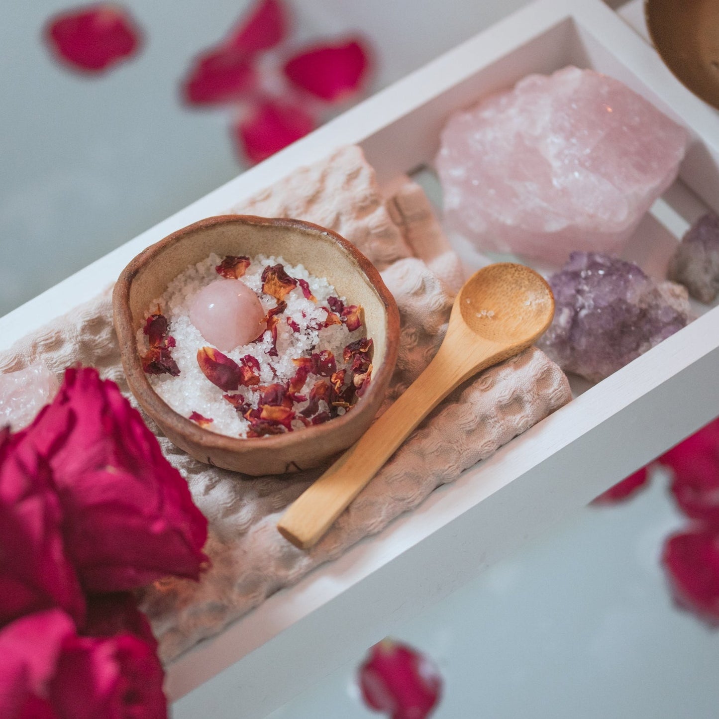 Rose Quartz Rose Geranium Crystal Bath Soak - Epsom Bath Salts for Love and Healing