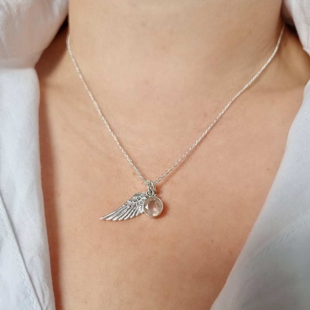 Rose Quartz Angel Wing - 95 Silver Necklace